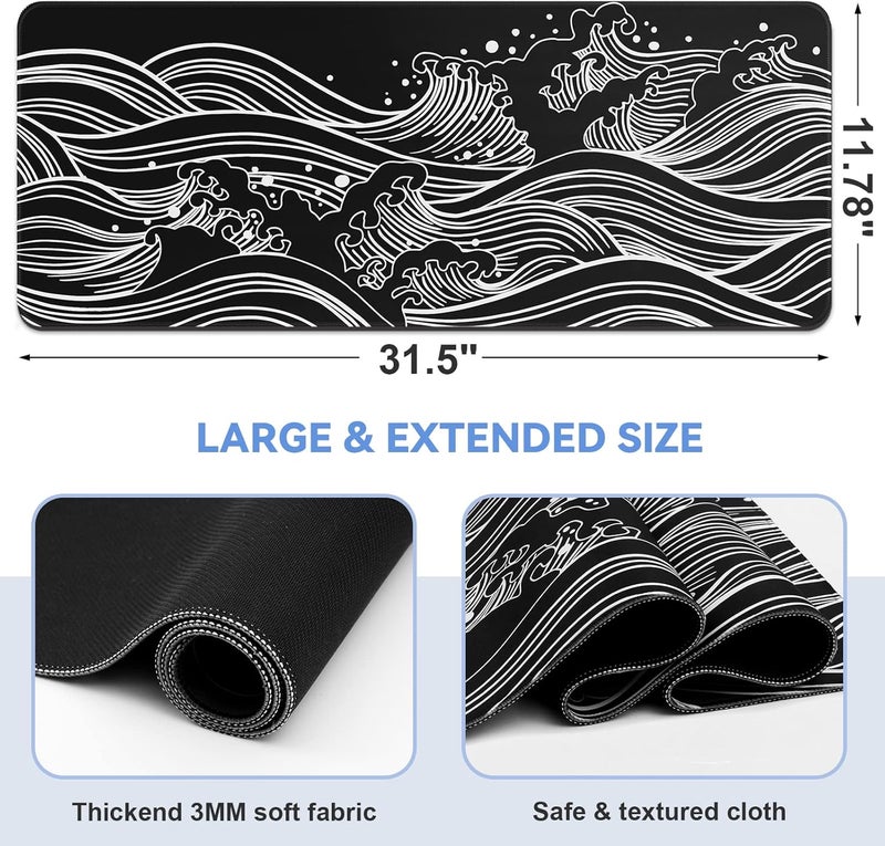 DIGSOM Gaming Mouse Pad - Large 31.5 x 11.8 in Black and White with Stitching Edges, Non-Slip Rubber Base Large Mouse Mat and Keyboard Pad (Sea Wave) - Image 2